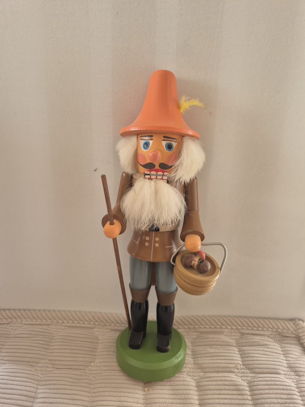 Vintage Erzgebirge Mushroom Gatherer Wooden Nutcracker Figurine